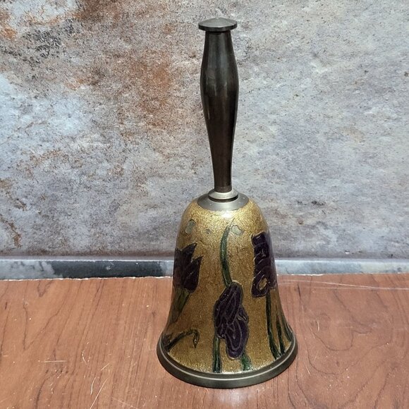 Vintage Solid Brass Bell Cloisonne Enamel Flower Design - Picture 5 of 9